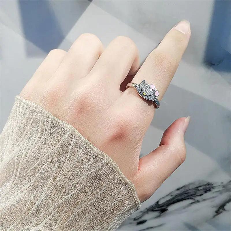 Sanrio Hello Kitty Ring Cute Cartoon KT Cat Rhinestone Zircon Mosaic 925 Silver Girl Ring Ornaments Jewelry Holiday Gift - Jazz Beauty