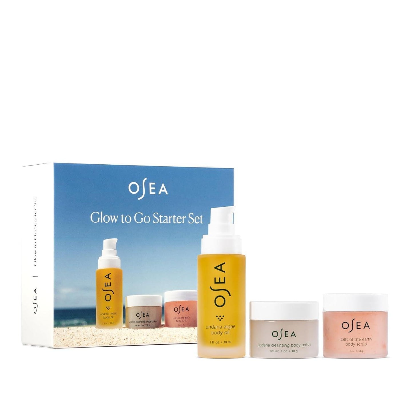 Glow to Go Starter Set - 3-Piece Bodycare Set - Travel Size 1Oz Undaria Alage Body Oil, 1Oz Cleansing Body Polish & 1Oz Salt Body Scrub - Beauty Gift for Her - Gift for Him - Jazz Beauty