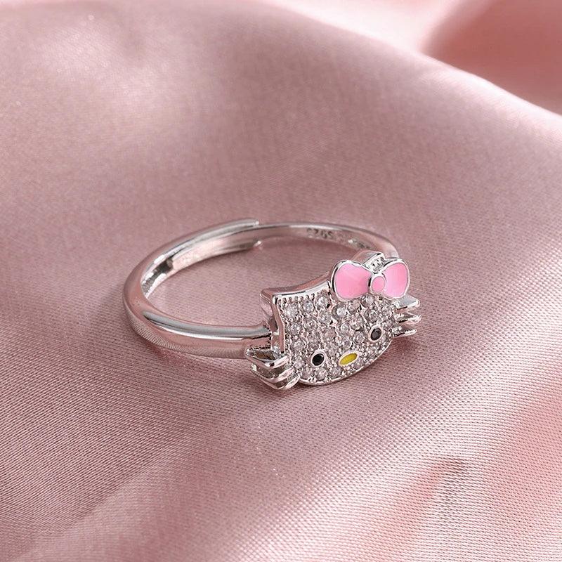 Sanrio Hello Kitty Ring Cute Cartoon KT Cat Rhinestone Zircon Mosaic 925 Silver Girl Ring Ornaments Jewelry Holiday Gift - Jazz Beauty