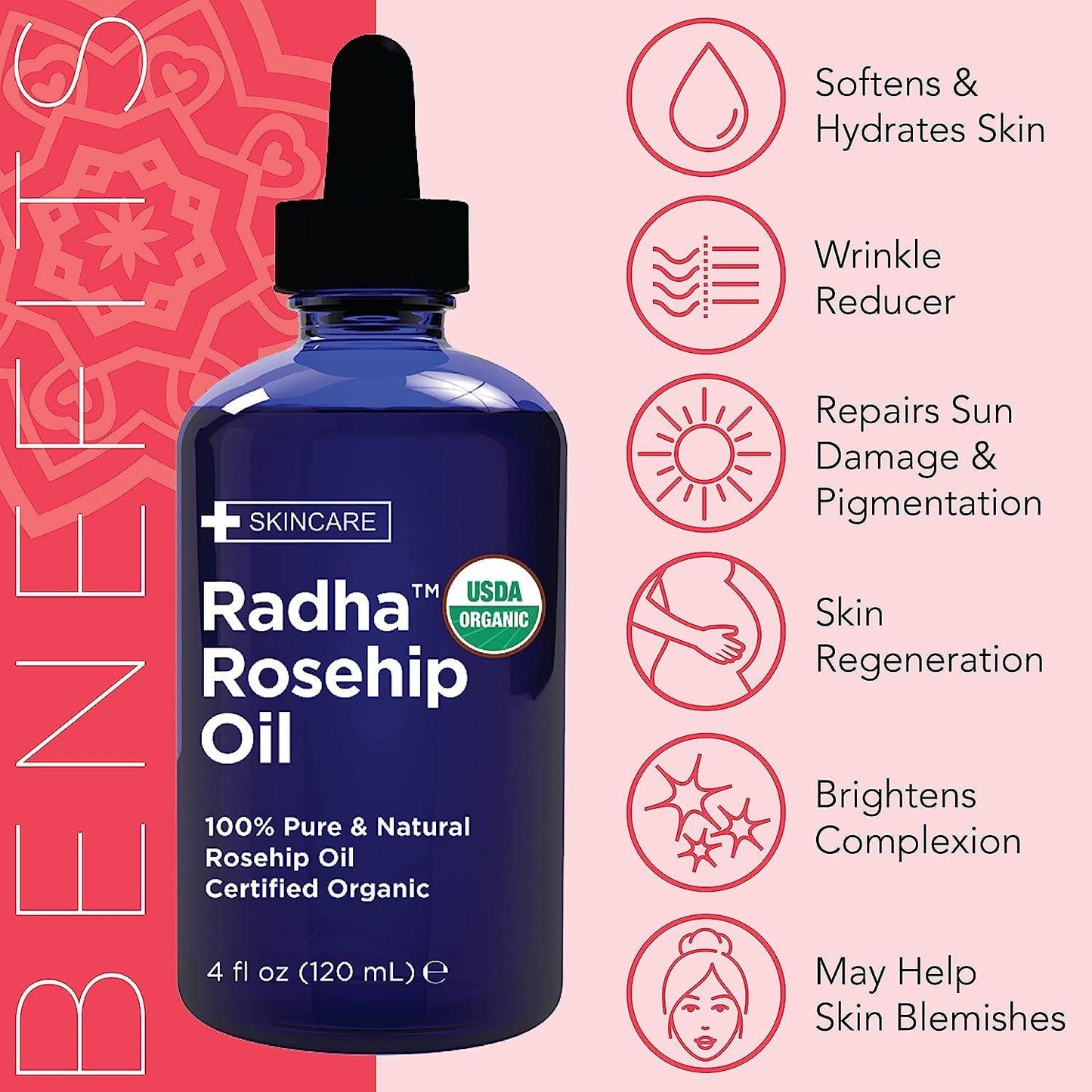 4 Oz Organic Rosehip Seed Oil 100% Pure Cold Pressed - Great Carrier Oil for Moisturizing Face, Hair, Skin, & Nails, Hydrating and Nourishing - Jazz Beauty