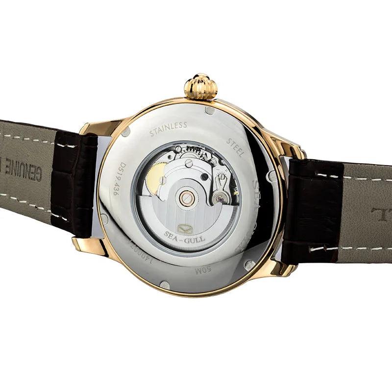 Seagull Genuine Leather Strap Silver/Gold Tone Black Dial 3 Hands Automatic Dress Watch Sapphire Crystal Exhibition Back - Jazz Beauty
