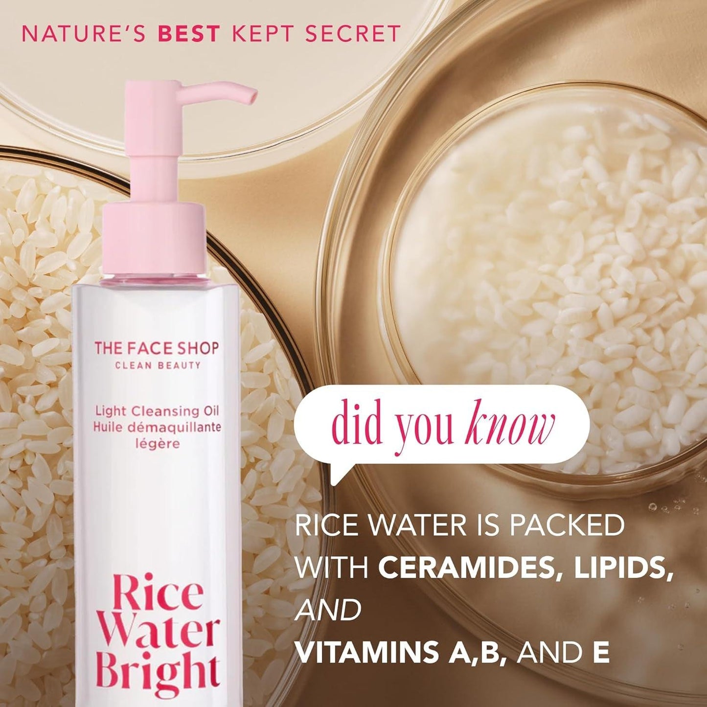 The Face Shop Rice Water Bright Light Facial Cleansing Oil, Daily Makeup Remover, Oil Cleanser, Vegan, Korean Skin Care with Jojoba Oil, Face Wash for Sensitive, Normal & Oily Skin, Face Pore Cleanser - Jazz Beauty