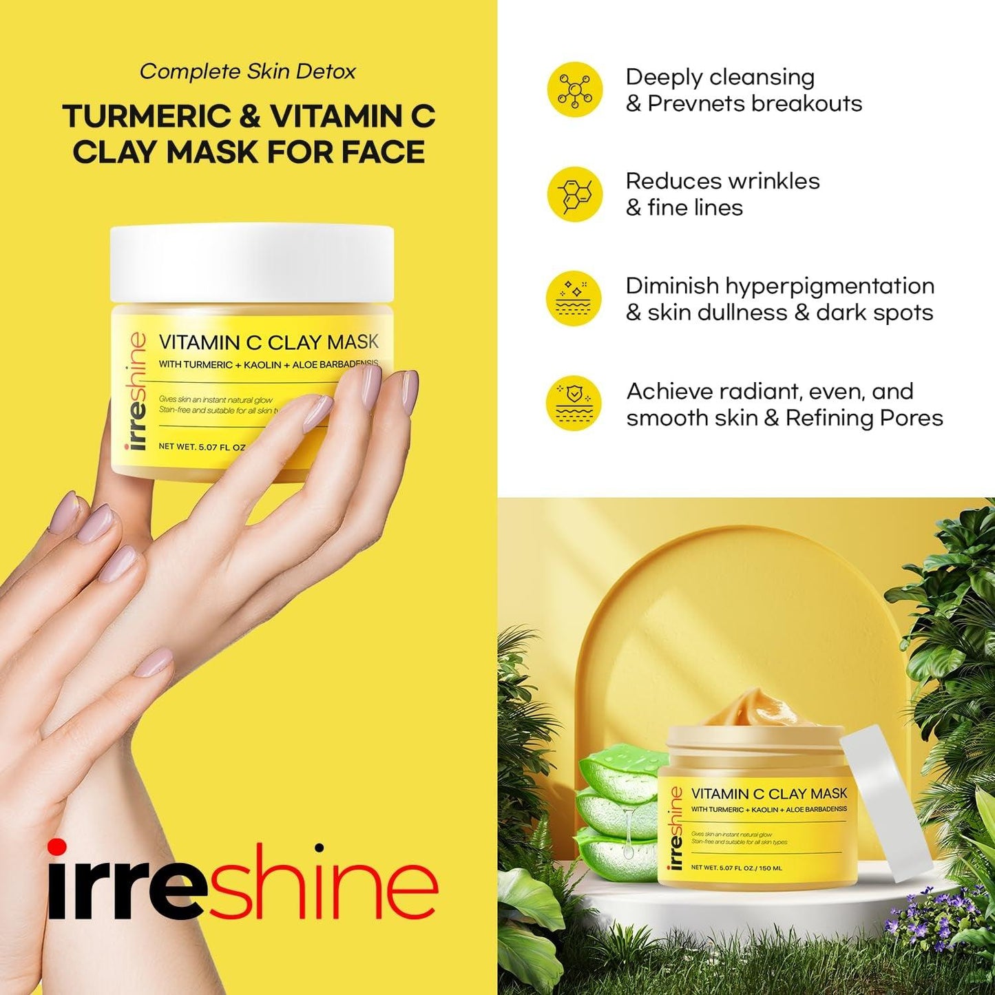 Turmeric Vitamin C Clay Mask: Turmeric Face Mask Vitamin C Clay Mask Clay Mask for Face Clay Face Mask - Vitamin C Clay Mask with Turmeric Vitamin C Face Mask 5.07Oz/150Ml - Jazz Beauty