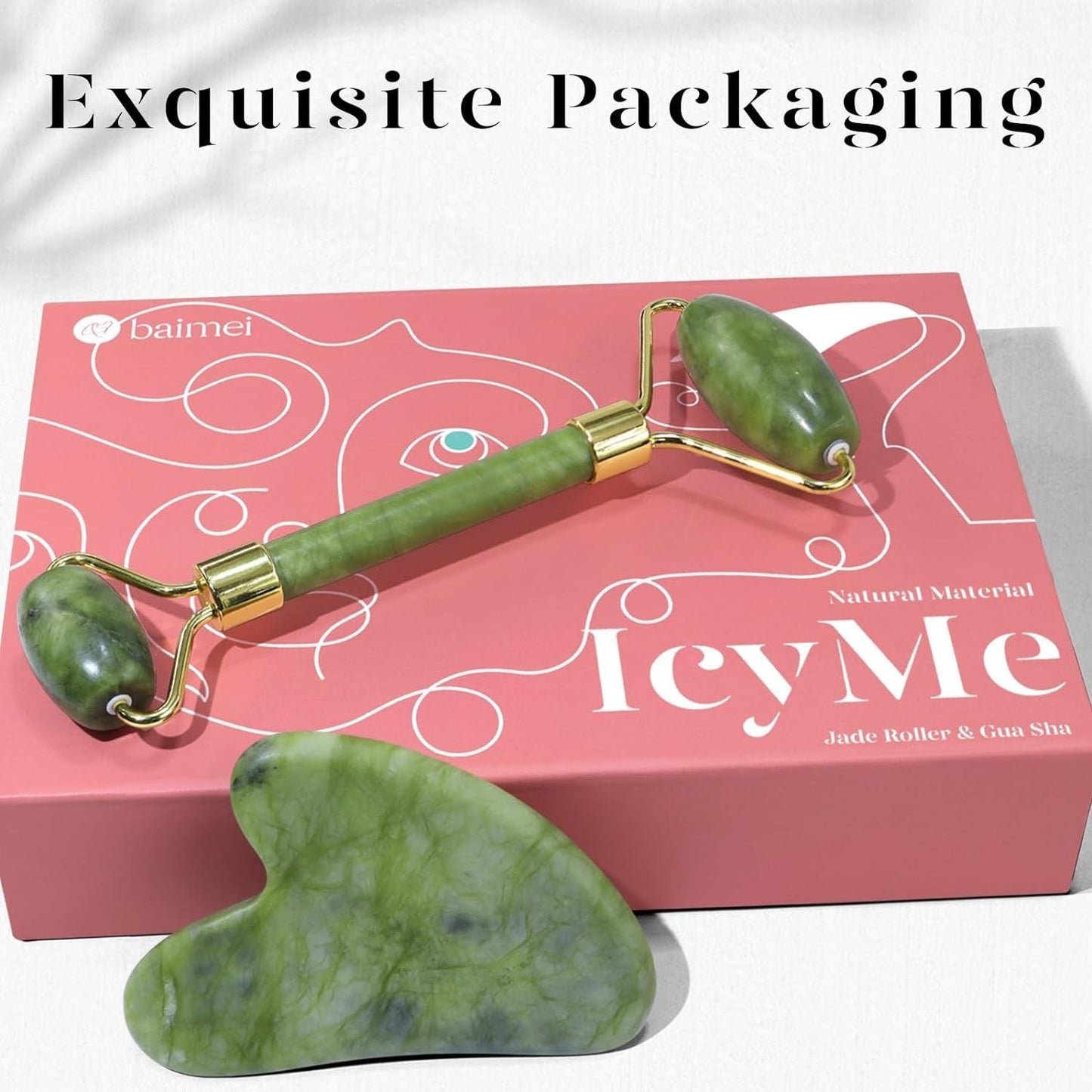 Icyme Gua Sha & Jade Roller Facial Tools Face Roller and Gua Sha Set for Puffiness and Redness Reducing Skin Care Routine, Self Care Gift for Men Women - Green - Jazz Beauty