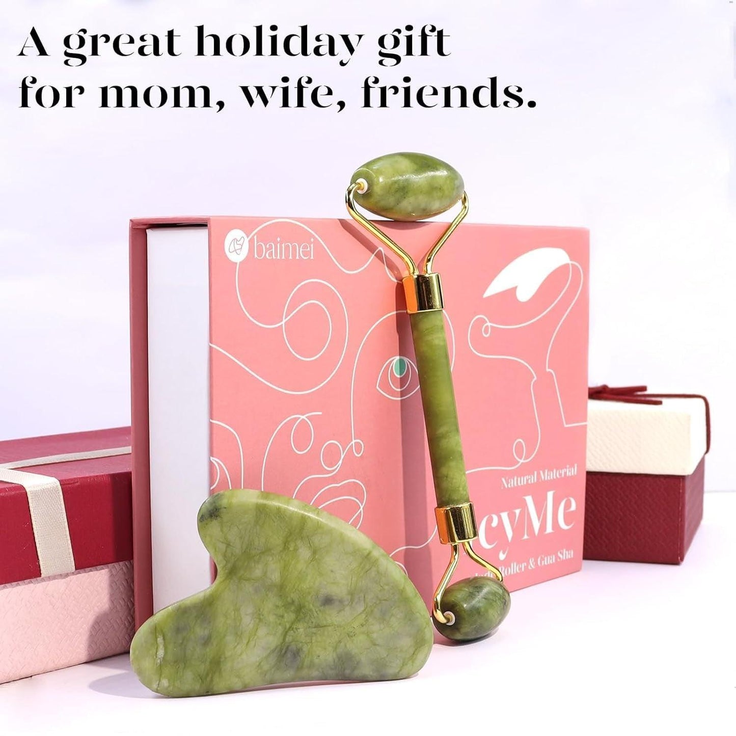 Icyme Gua Sha & Jade Roller Facial Tools Face Roller and Gua Sha Set for Puffiness and Redness Reducing Skin Care Routine, Self Care Gift for Men Women - Green - Jazz Beauty