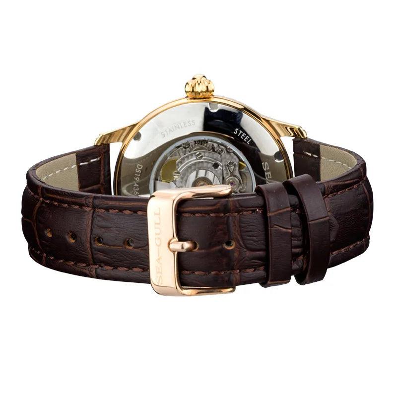 Seagull Genuine Leather Strap Silver/Gold Tone Black Dial 3 Hands Automatic Dress Watch Sapphire Crystal Exhibition Back - Jazz Beauty