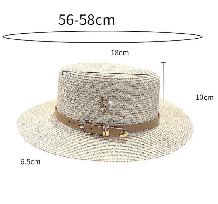 Summer Sun Hat Flat Top Straw Hats for Women New Metal R Letter Fashionable Beach Sun Hat Females Travel Holidays Boater Hat - Jazz Beauty