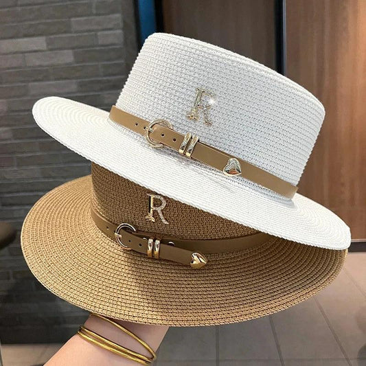Summer Sun Hat Flat Top Straw Hats for Women New Metal R Letter Fashionable Beach Sun Hat Females Travel Holidays Boater Hat - Jazz Beauty