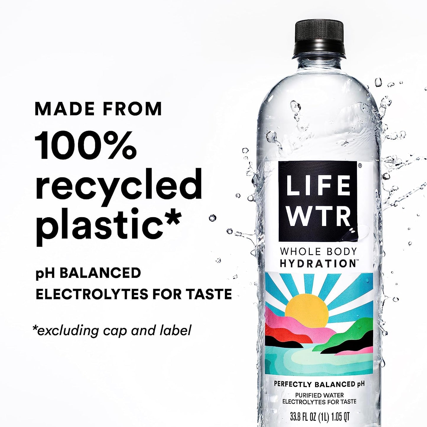 Premium Purified Water, Ph Balanced with Electrolytes, 100% Recycled Plastic Bottles, 33.8 Fl Oz, 1L (Pack of 6)