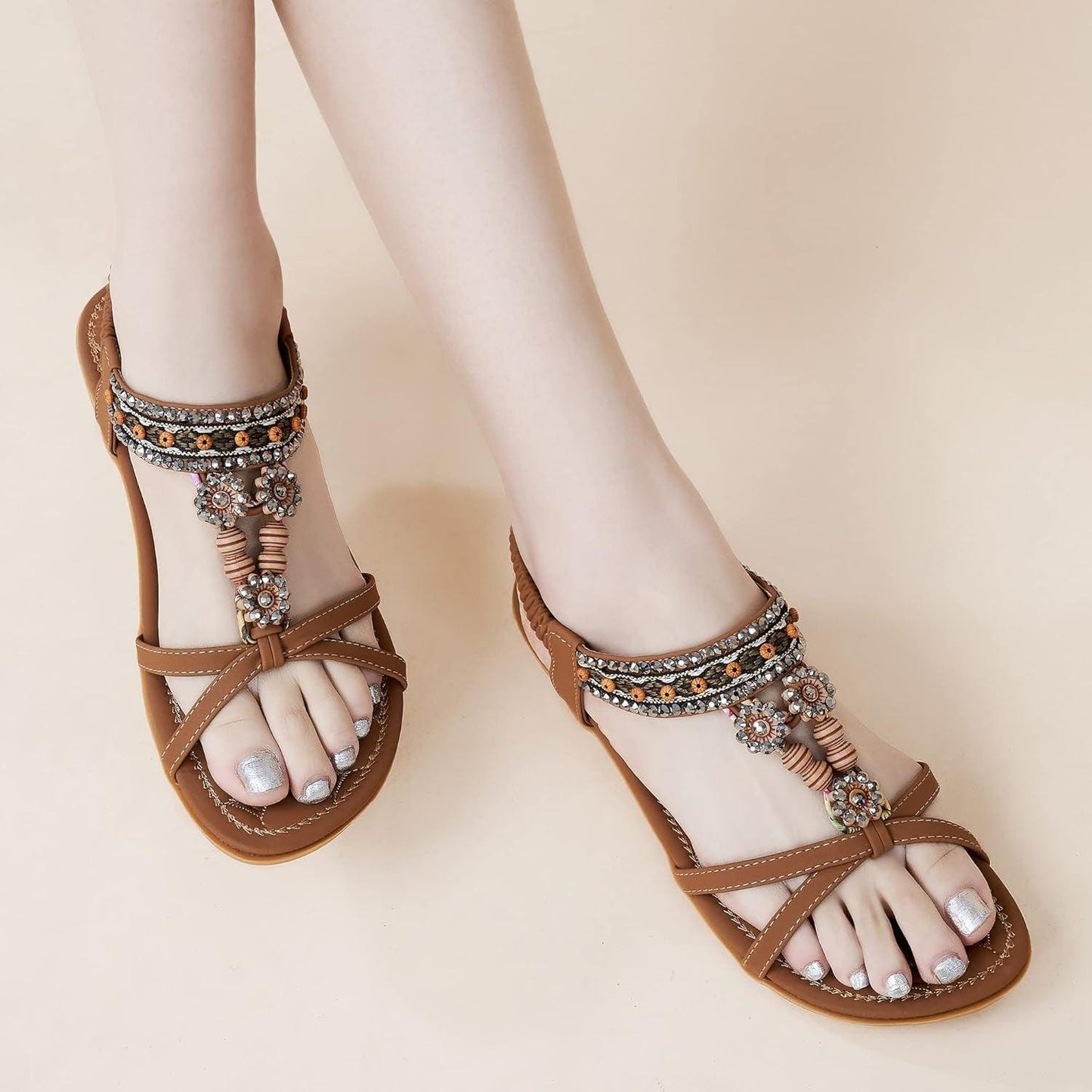 Womens Sandals Dressy Summer: Flat Shoes Comfortable Bohemian Elastic Ankle Strap Beach Walking Sandals for Women - Jazz Beauty