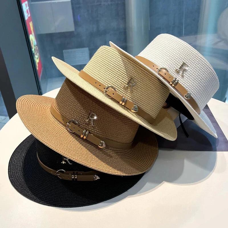 Summer Sun Hat Flat Top Straw Hats for Women New Metal R Letter Fashionable Beach Sun Hat Females Travel Holidays Boater Hat - Jazz Beauty