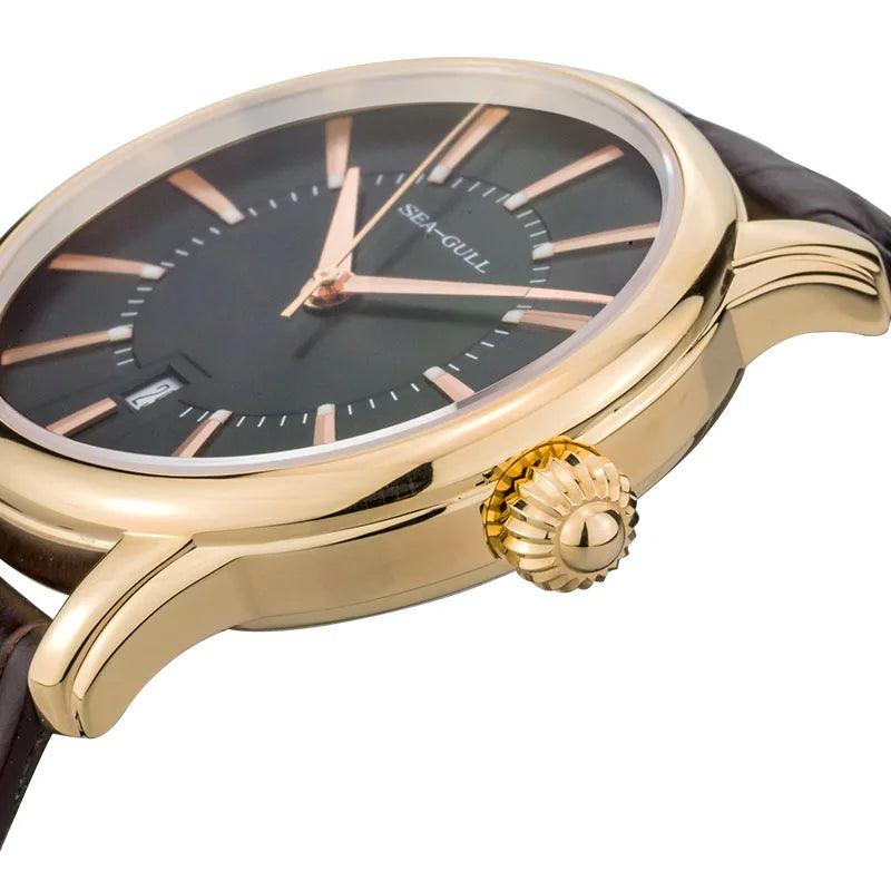 Seagull Genuine Leather Strap Silver/Gold Tone Black Dial 3 Hands Automatic Dress Watch Sapphire Crystal Exhibition Back - Jazz Beauty