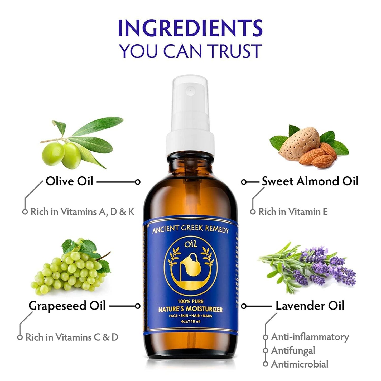 Organic Face and Body Oil for Dry Skin, Hair, Hands, Cuticles and Nails Care. Olive, Lavender, Almond, Vitamin E and Grapeseed Oils. Natural Moisturizer for Women, Men 4Oz - Jazz Beauty