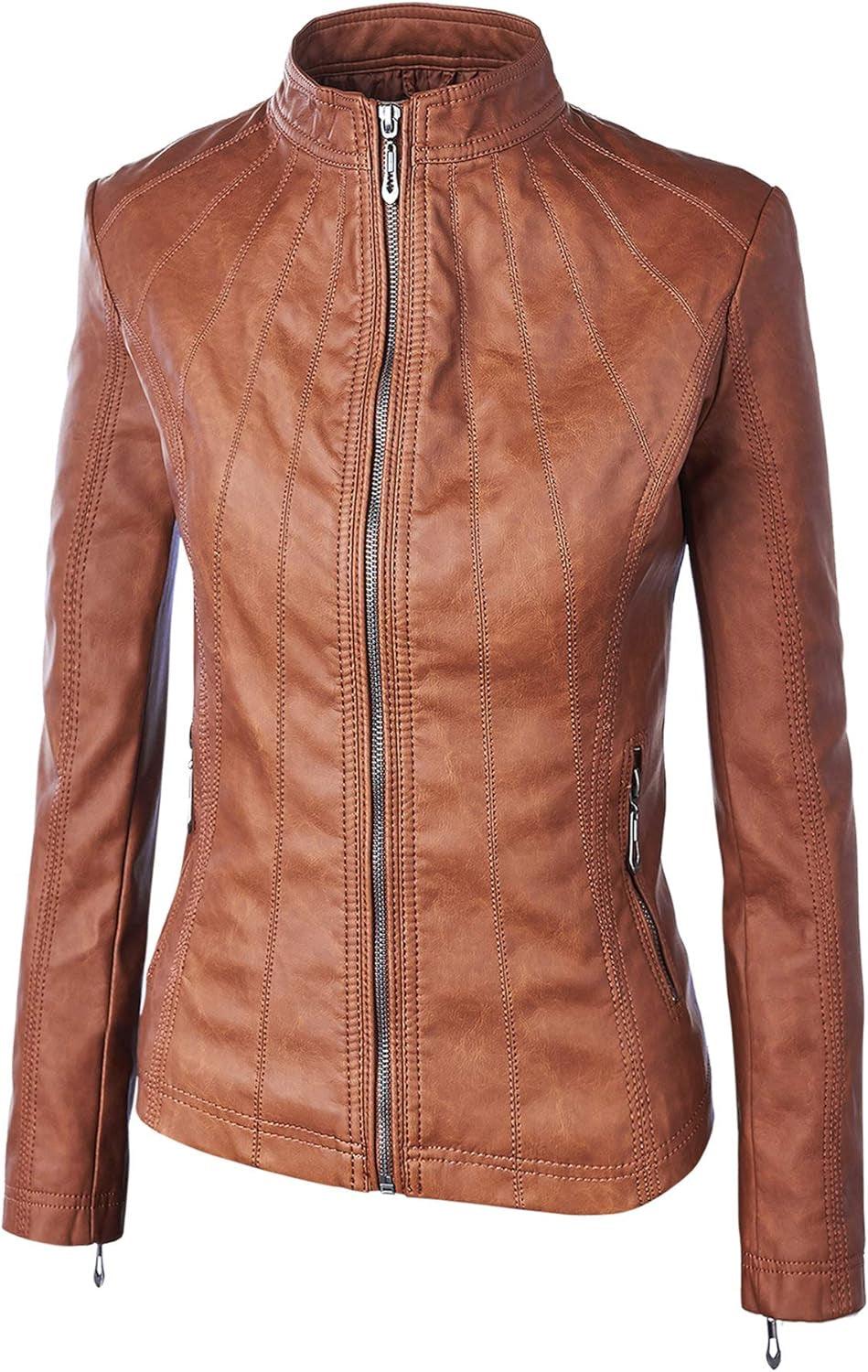 MBJ Womens Faux Leather Zip up Moto Biker Jacket with Stitching Detail - Jazz Beauty