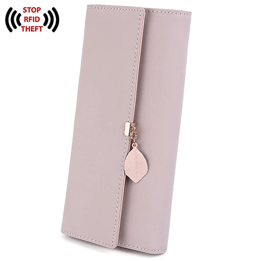 Womens Wallet PU Leather RFID Blocking Card Holder Elegant Zipper Coin Purse Leaf Pendant(Pink-2) - Jazz Beauty