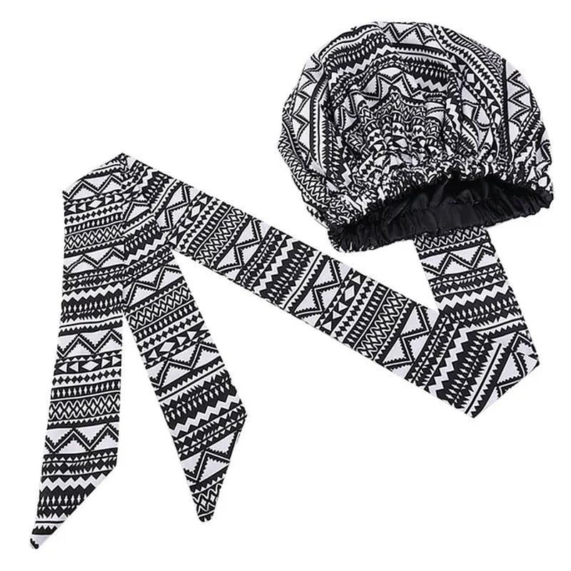 African Pattern Print Satin Bonnet Women Night Sleep Cap Long Ribbon Headwrap Double Layer Headscarf Big Size Adult Hair Cover - Jazz Beauty