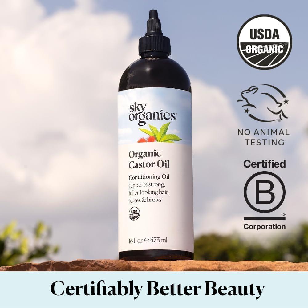 Organic Castor Oil, 100% Pure, Hexane Free, Cold-Pressed to Support Stronger, Fuller-Looking Hair, Eyelashes & Eyebrows,Good for Castor Packs, Navel Oiling, Carrier Oil Use, 16 Fl Oz - Jazz Beauty