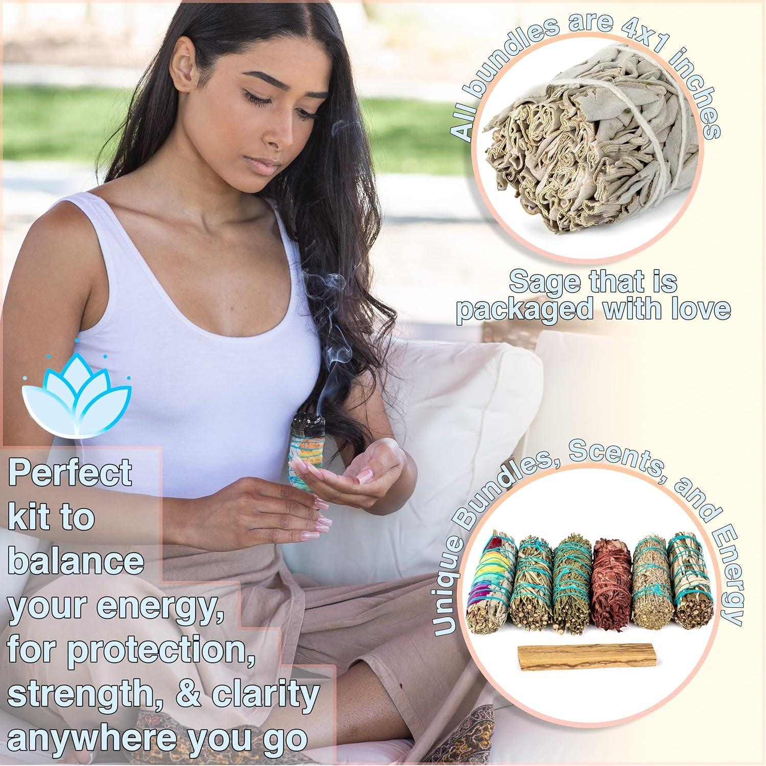 7 Sage Smudge Kit with Blue Sage, 7 Chakra White Sage, Cedar, Dragon'S Blood, Rosemary, Yerba Santa, Palo Santo | Salvia Blanca Para Limpiar Sustainably Sourced - Jazz Beauty