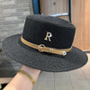 Summer Sun Hat Flat Top Straw Hats for Women New Metal R Letter Fashionable Beach Sun Hat Females Travel Holidays Boater Hat - Jazz Beauty