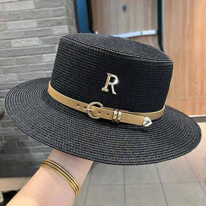 Summer Sun Hat Flat Top Straw Hats for Women New Metal R Letter Fashionable Beach Sun Hat Females Travel Holidays Boater Hat - Jazz Beauty