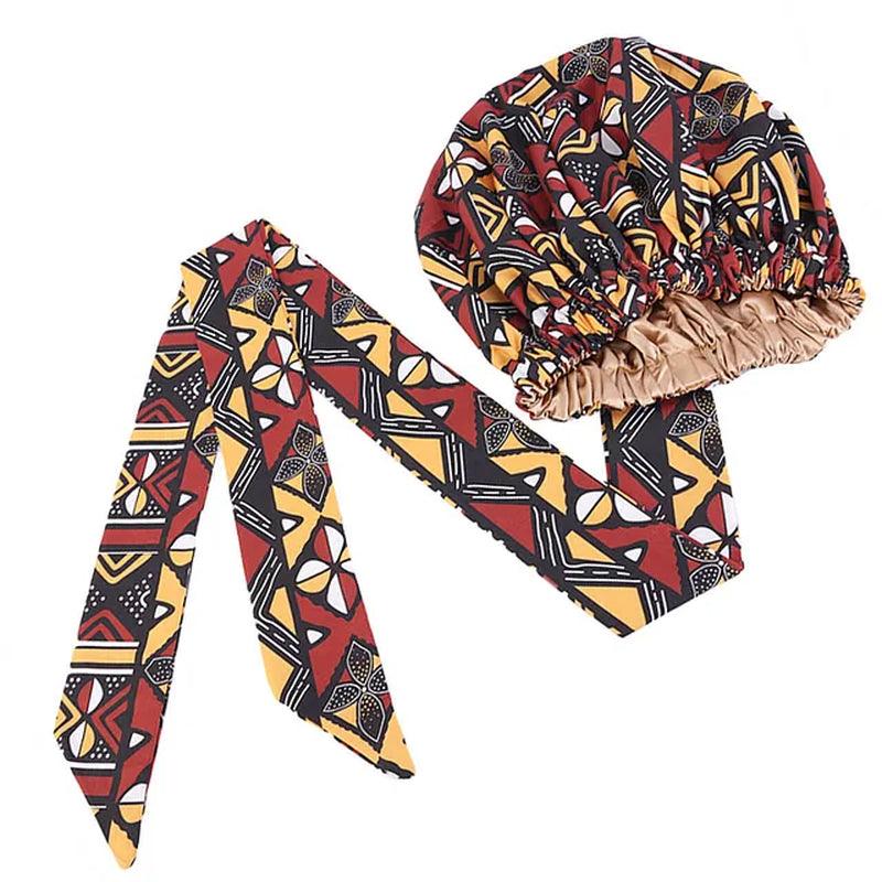 African Pattern Print Satin Bonnet Women Night Sleep Cap Long Ribbon Headwrap Double Layer Headscarf Big Size Adult Hair Cover - Jazz Beauty