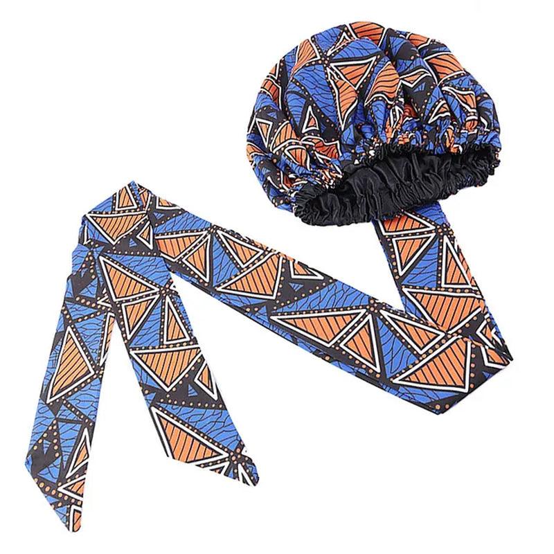 African Pattern Print Satin Bonnet Women Night Sleep Cap Long Ribbon Headwrap Double Layer Headscarf Big Size Adult Hair Cover - Jazz Beauty