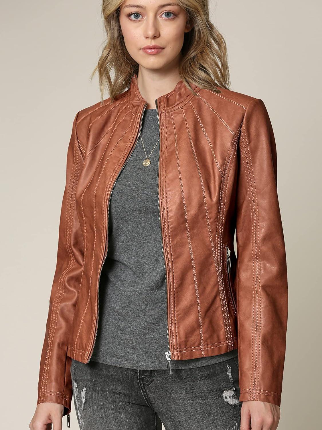 MBJ Womens Faux Leather Zip up Moto Biker Jacket with Stitching Detail - Jazz Beauty