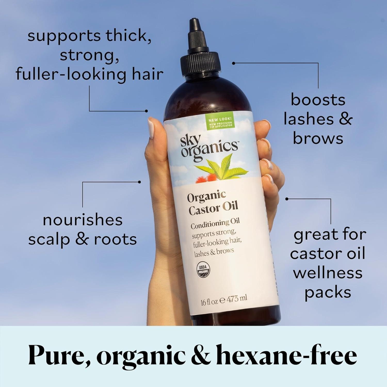 Organic Castor Oil, 100% Pure, Hexane Free, Cold-Pressed to Support Stronger, Fuller-Looking Hair, Eyelashes & Eyebrows,Good for Castor Packs, Navel Oiling, Carrier Oil Use, 16 Fl Oz - Jazz Beauty