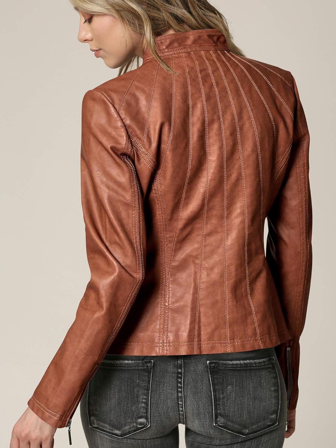 MBJ Womens Faux Leather Zip up Moto Biker Jacket with Stitching Detail - Jazz Beauty