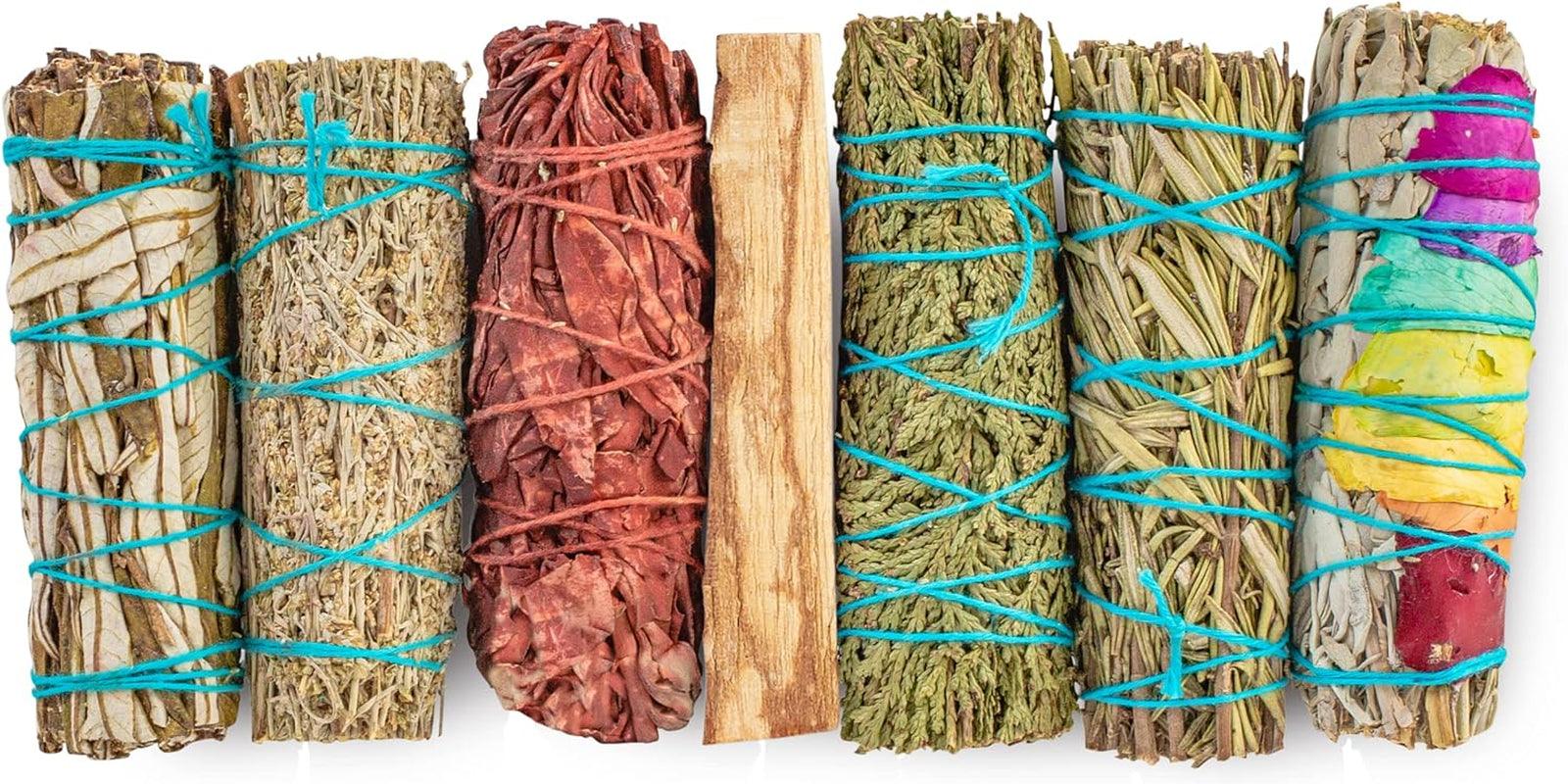 7 Sage Smudge Kit with Blue Sage, 7 Chakra White Sage, Cedar, Dragon'S Blood, Rosemary, Yerba Santa, Palo Santo | Salvia Blanca Para Limpiar Sustainably Sourced - Jazz Beauty