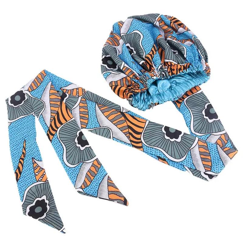 African Pattern Print Satin Bonnet Women Night Sleep Cap Long Ribbon Headwrap Double Layer Headscarf Big Size Adult Hair Cover - Jazz Beauty