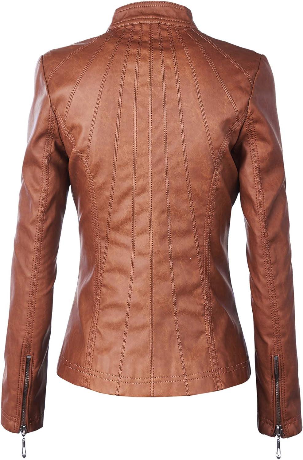 MBJ Womens Faux Leather Zip up Moto Biker Jacket with Stitching Detail - Jazz Beauty