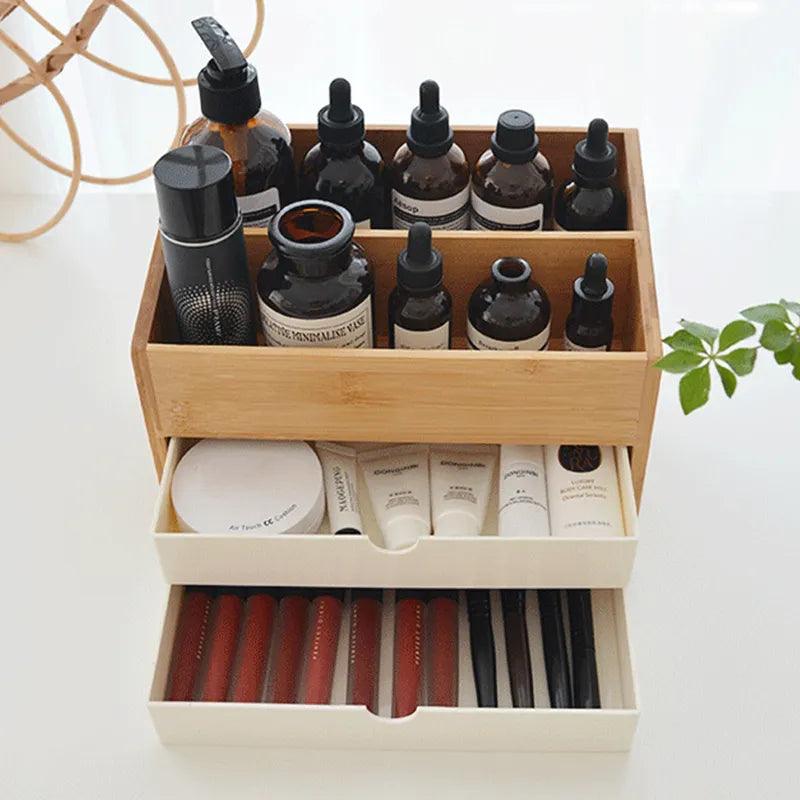 "Organize and Beautify Your Vanity with Our Bamboo Cosmetic Drawer Storage Box - Perfect for Makeup, Jewelry, and Skincare!" - Jazz Beauty