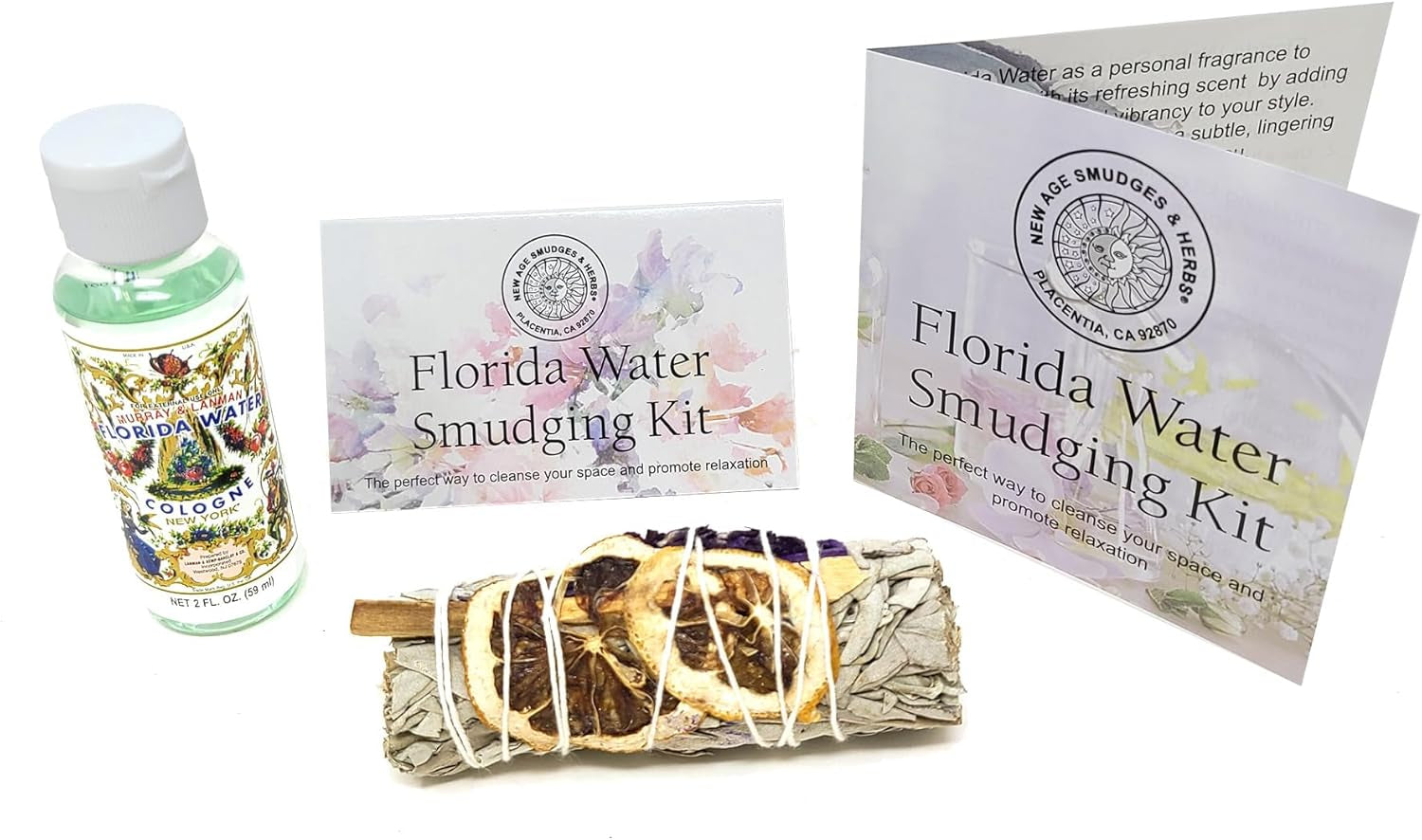 -White Sage Mix W/Lavender, Lemon Slice & Palo Santo Sage 4 Inch Incense Smudge Bundle W/Florida Water 2Oz Bottle- Cleansing Sage Incense & Water, Smudging Rituals. (FW-KIT-01) - Jazz Beauty