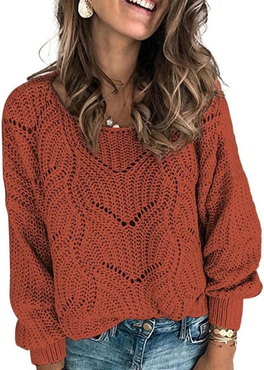 Womens Sweaters 2024 Cute Elegant Soft Crewneck Long Sleeve Hollow Cable Knit Pullover Tops - Jazz Beauty