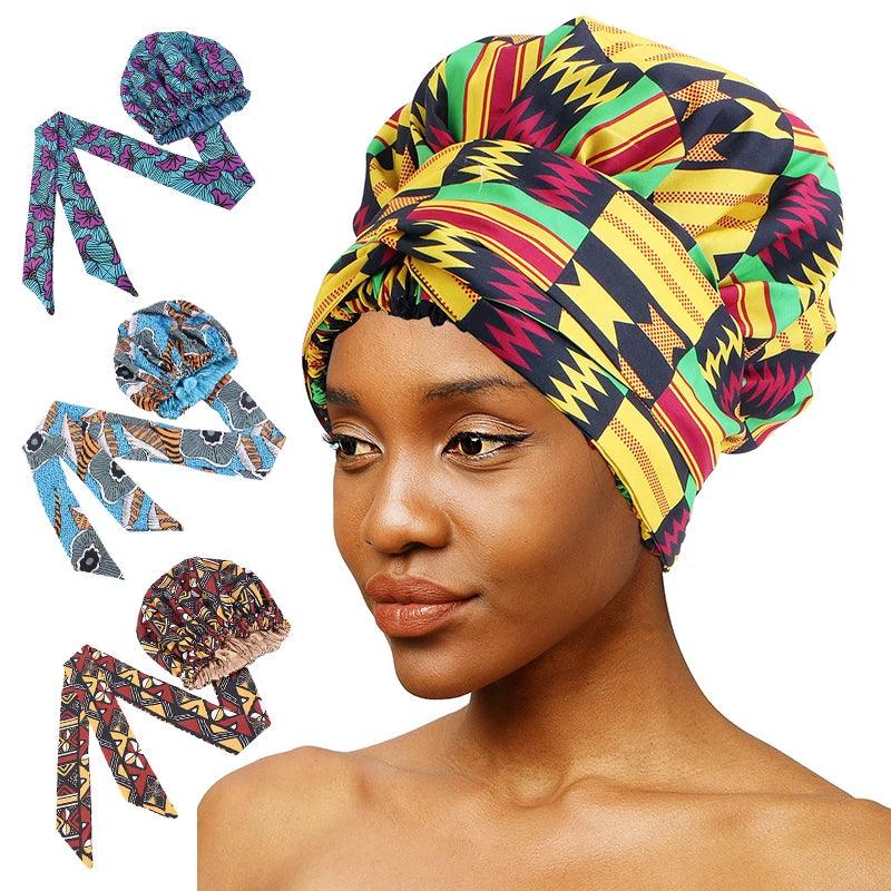 African Pattern Print Satin Bonnet Women Night Sleep Cap Long Ribbon Headwrap Double Layer Headscarf Big Size Adult Hair Cover - Jazz Beauty