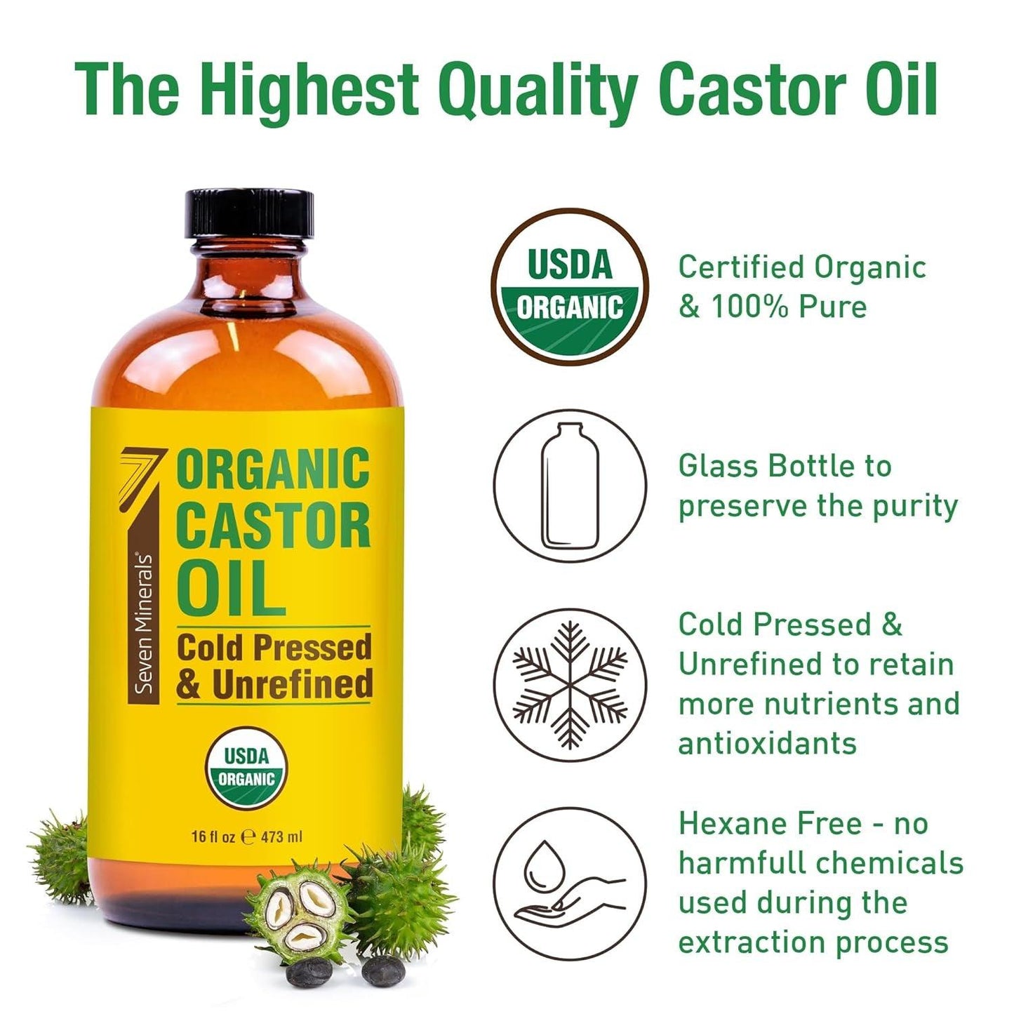 New 16 Fl Oz Glass Bottle Castor Oil Organic Cold Pressed Unrefined Glass Bottle Pack - 100% Pure USDA Certified Organic Hexane Free - Jazz Beauty