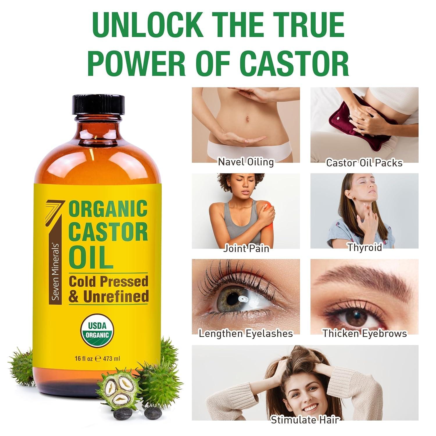 New 16 Fl Oz Glass Bottle Castor Oil Organic Cold Pressed Unrefined Glass Bottle Pack - 100% Pure USDA Certified Organic Hexane Free - Jazz Beauty