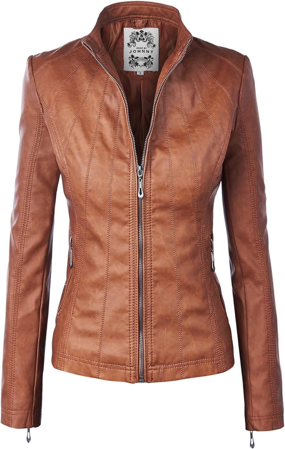 MBJ Womens Faux Leather Zip up Moto Biker Jacket with Stitching Detail - Jazz Beauty