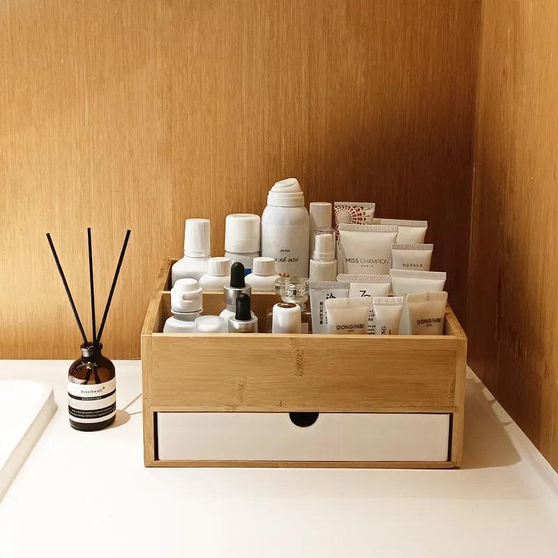 "Organize and Beautify Your Vanity with Our Bamboo Cosmetic Drawer Storage Box - Perfect for Makeup, Jewelry, and Skincare!" - Jazz Beauty