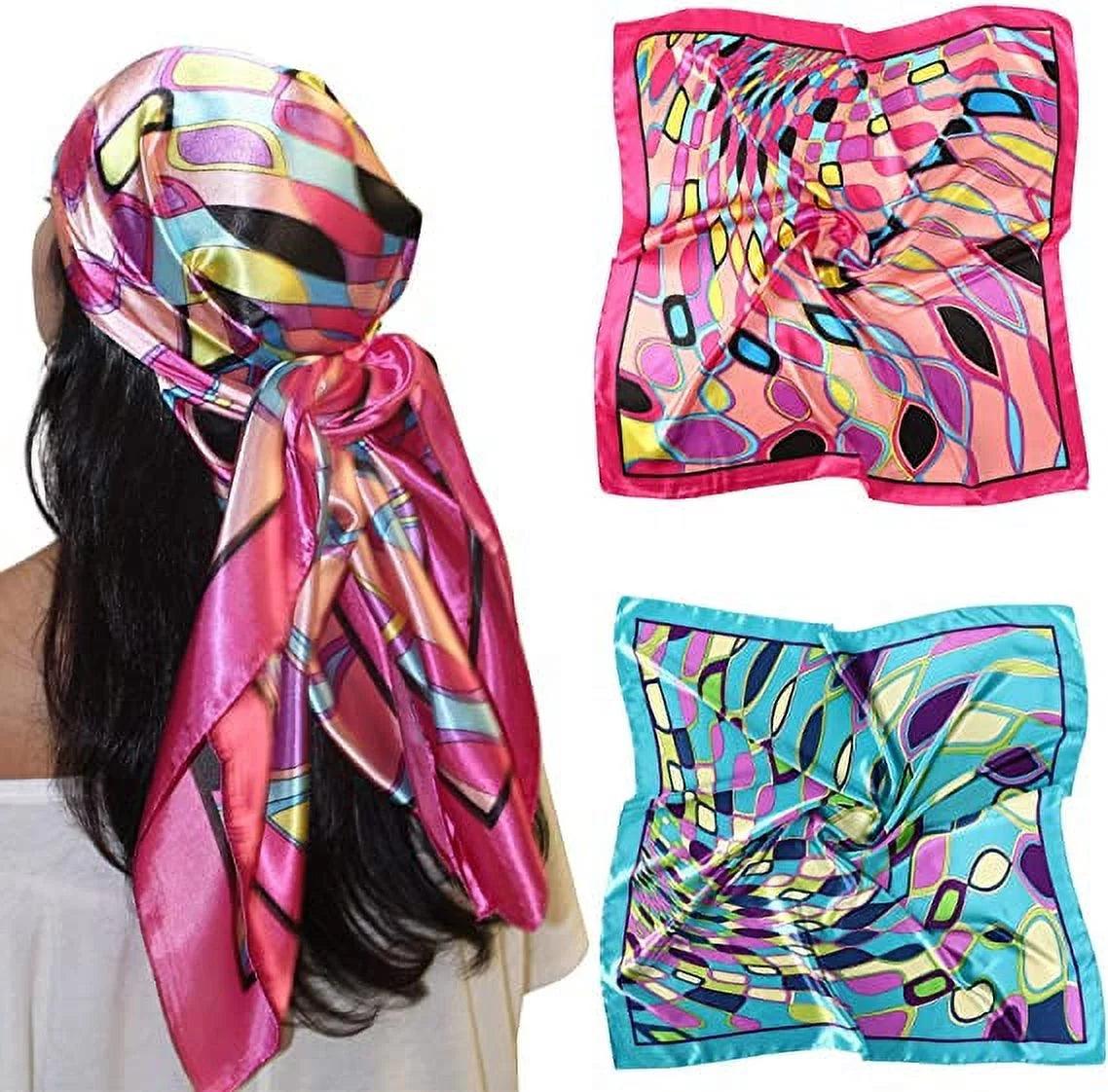 35” Large Satin Square Head Scarf - 2Pcs Silk like Floral Head Scarves Square Satin Hair Scarf Bandanas for Women - Jazz Beauty