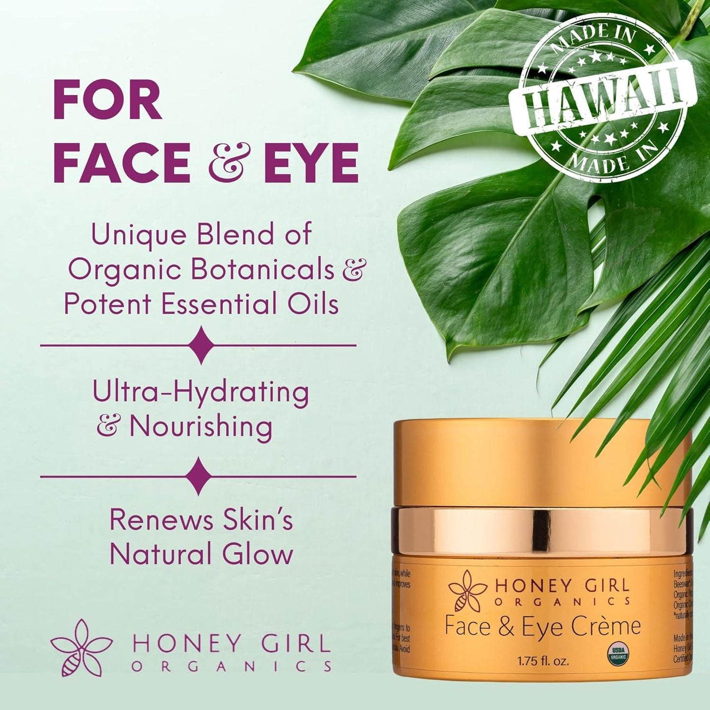 Face & Eye Crème, USDA Certified Organic Facial Moisturizer & under Eye Cream for Wrinkles, Dark Circles and Puffiness W/Hydrating Honey, Beeswax, Essential Oils & EVOO. 1.75Oz - Jazz Beauty