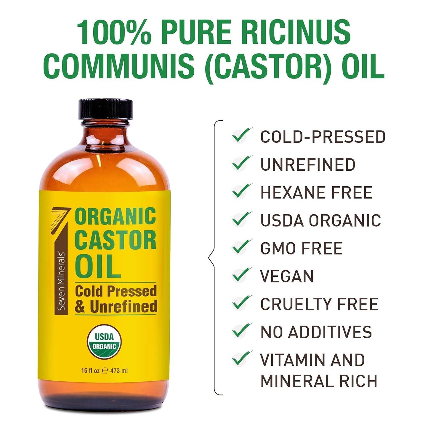 New 16 Fl Oz Glass Bottle Castor Oil Organic Cold Pressed Unrefined Glass Bottle Pack - 100% Pure USDA Certified Organic Hexane Free - Jazz Beauty