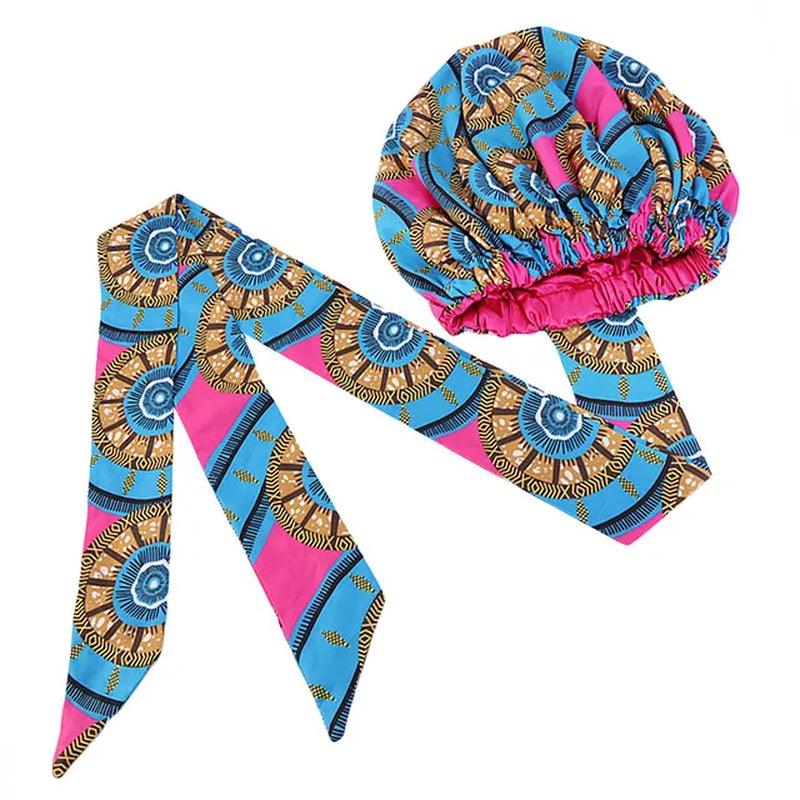 African Pattern Print Satin Bonnet Women Night Sleep Cap Long Ribbon Headwrap Double Layer Headscarf Big Size Adult Hair Cover - Jazz Beauty