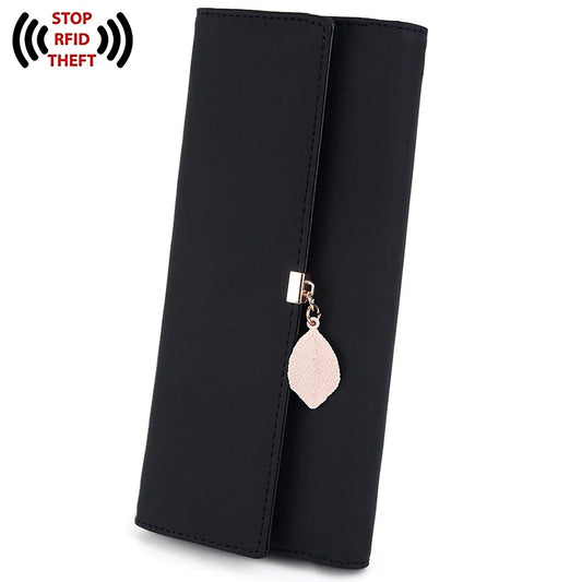 Womens Wallet PU Leather RFID Blocking Card Holder Elegant Zipper Coin Purse Leaf Pendant(Black) - Jazz Beauty