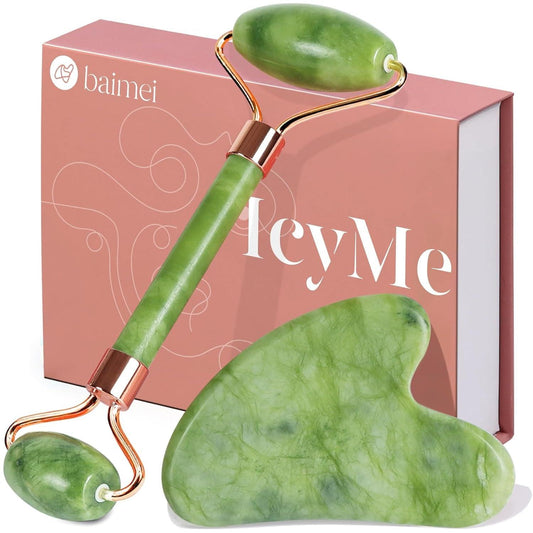 Icyme Gua Sha & Jade Roller Facial Tools Face Roller and Gua Sha Set for Puffiness and Redness Reducing Skin Care Routine, Self Care Gift for Men Women - Green - Jazz Beauty